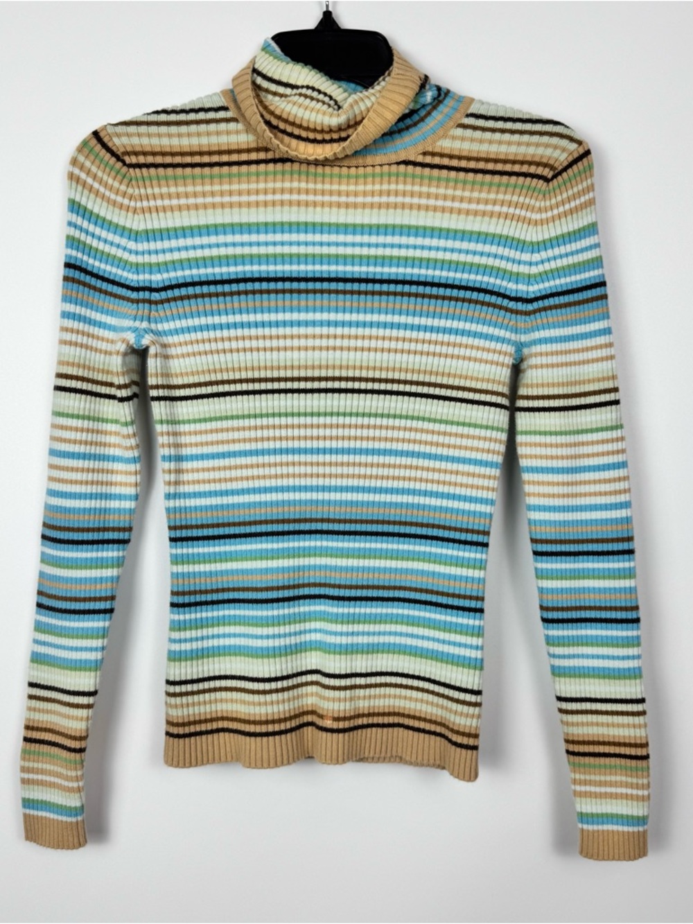 Womens Striped Ribbed Turtleneck Sweater in Blue & Tan